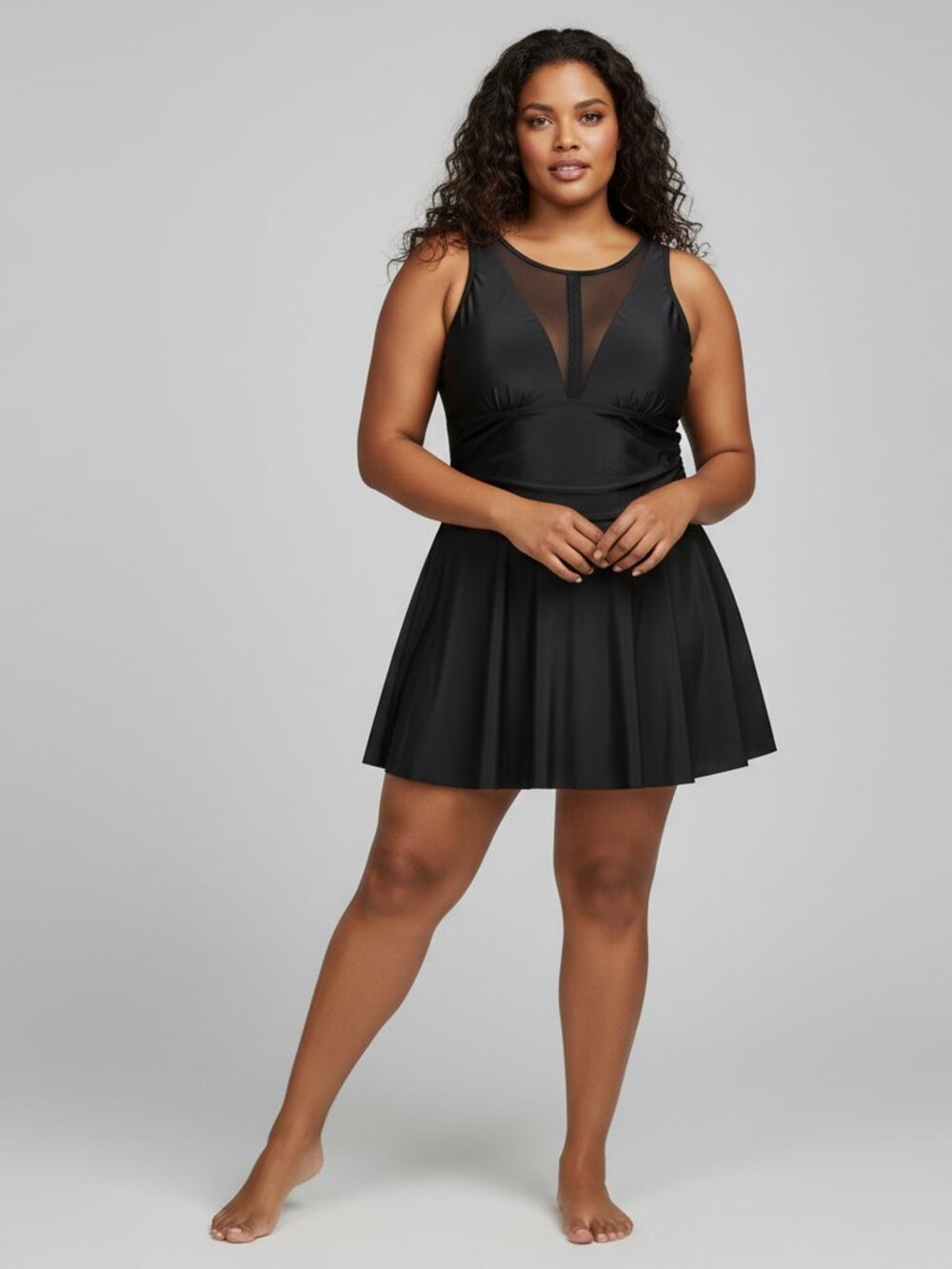 Women's 3XL Black Swim Dress One Piece Mesh V-Neck Skirted Swim Dress